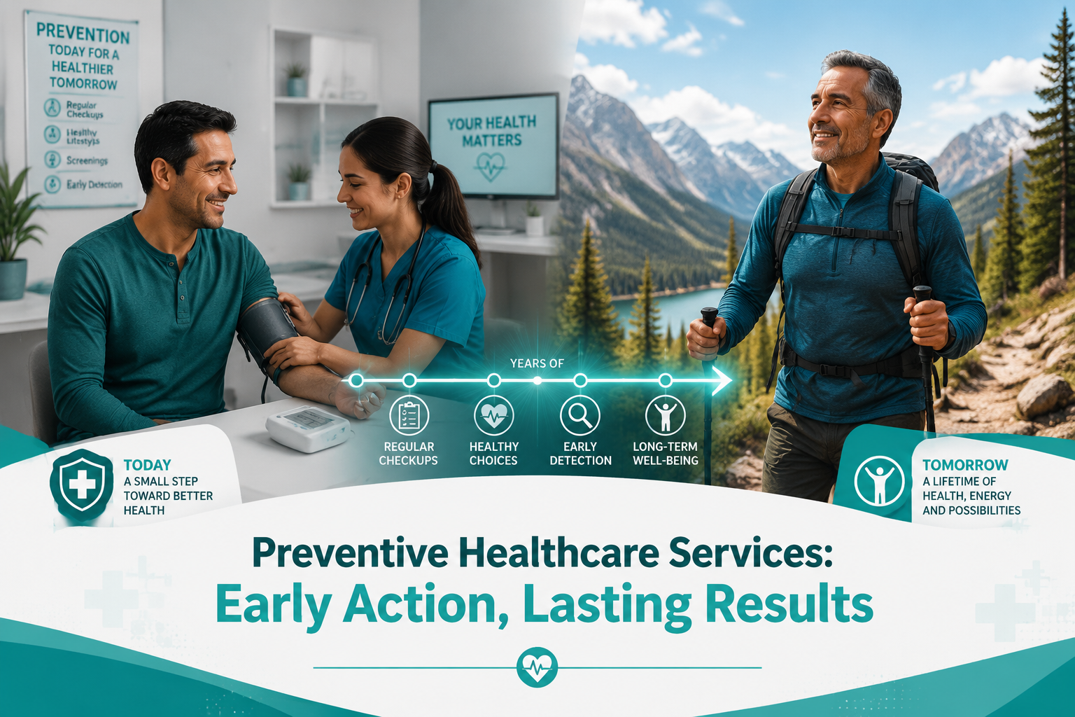 The connection between preventive care and long-term quality of life. 1 Detailed () editorial illustration showing a split-scene comparison: left side depicts a person receiving a routine