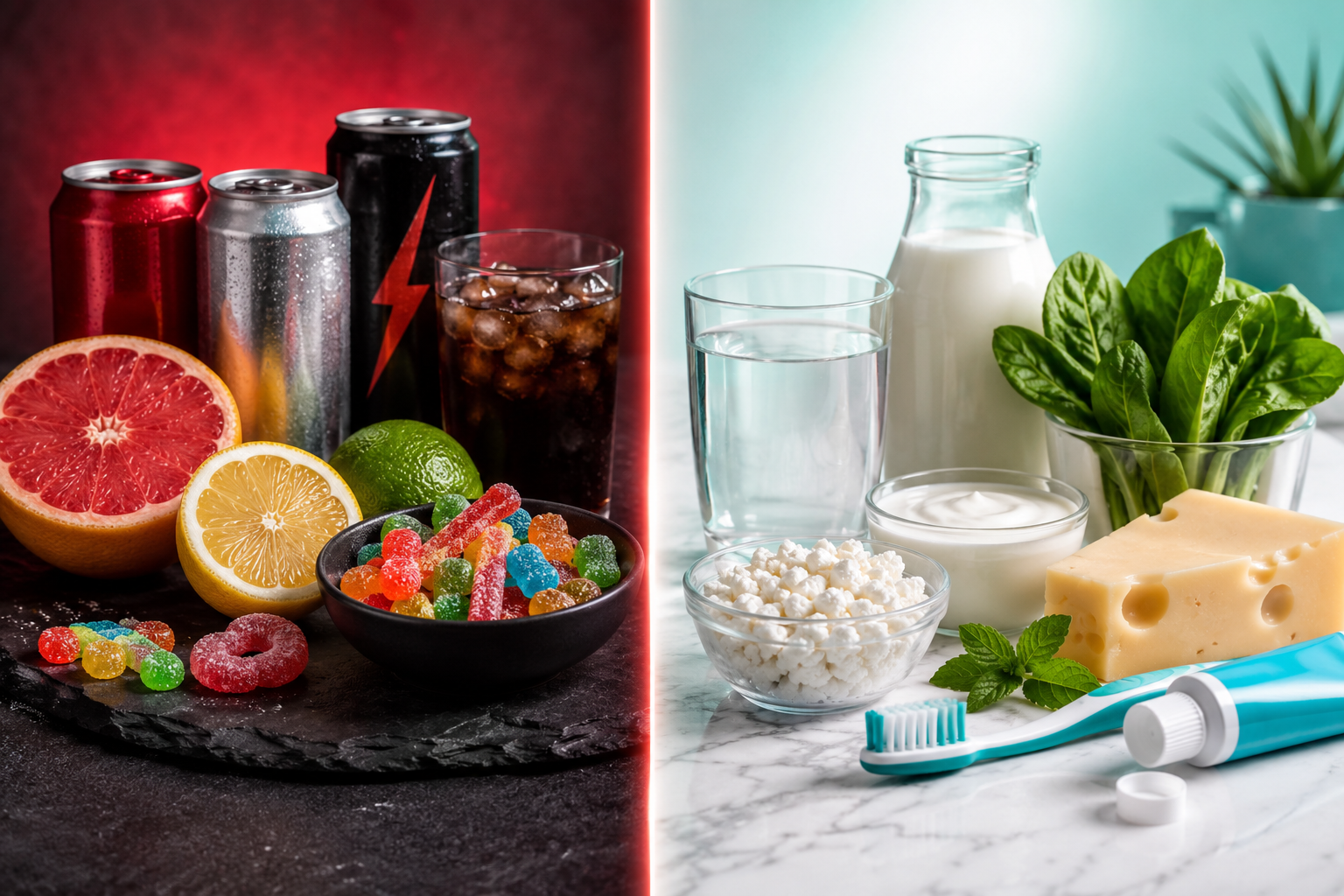 How to Prevent Tooth Enamel Loss: Your Complete Guide to Stronger, Healthier Teeth 1 Detailed () editorial image showing a split-scene composition: on the left, a variety of acidic foods and drinks — citrus