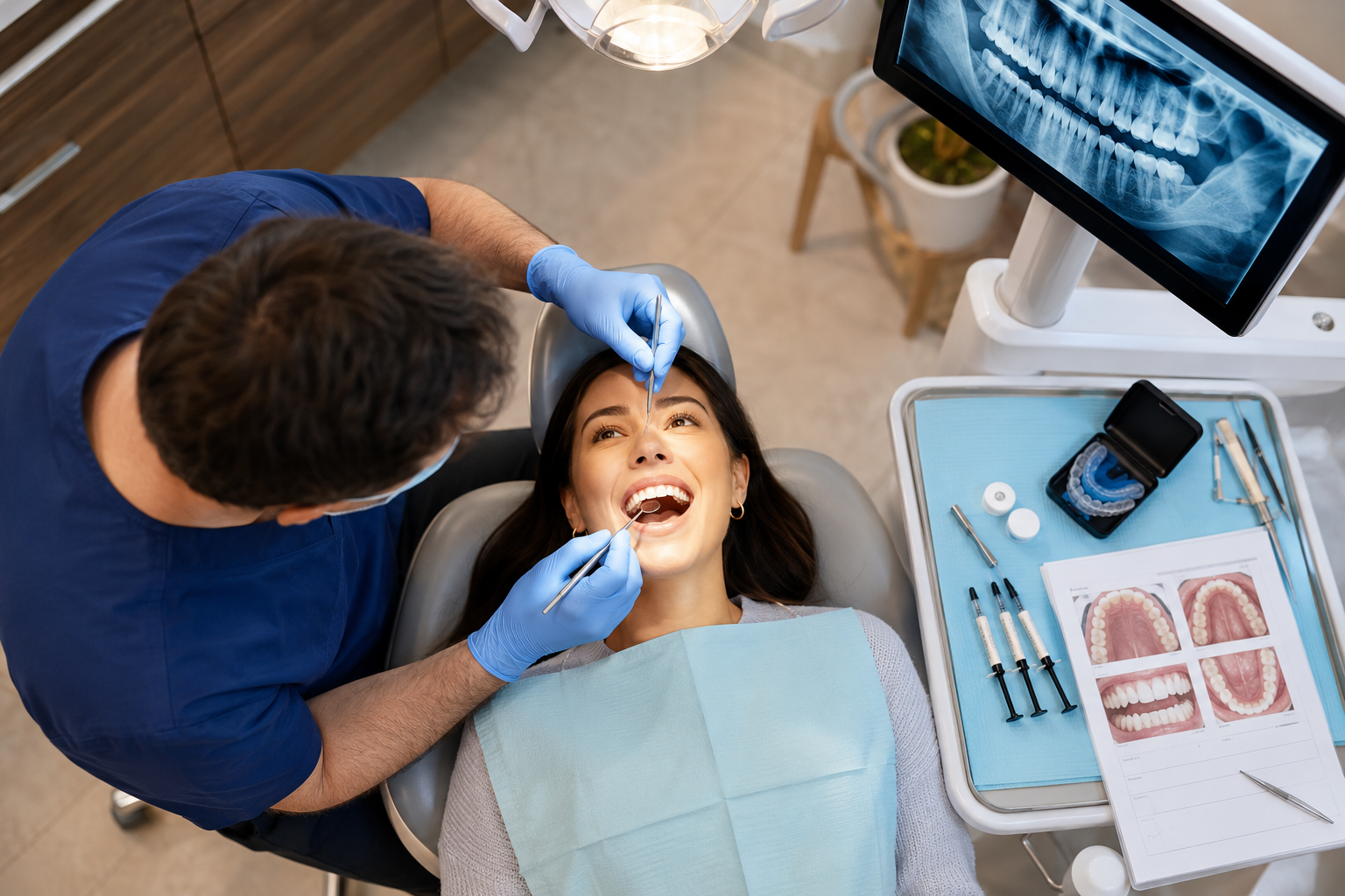 How to Prevent Tooth Enamel Loss: Your Complete Guide to Stronger, Healthier Teeth 2 Detailed () editorial image showing an overhead bird's-eye view of a modern dental operatory: a dentist in blue gloves