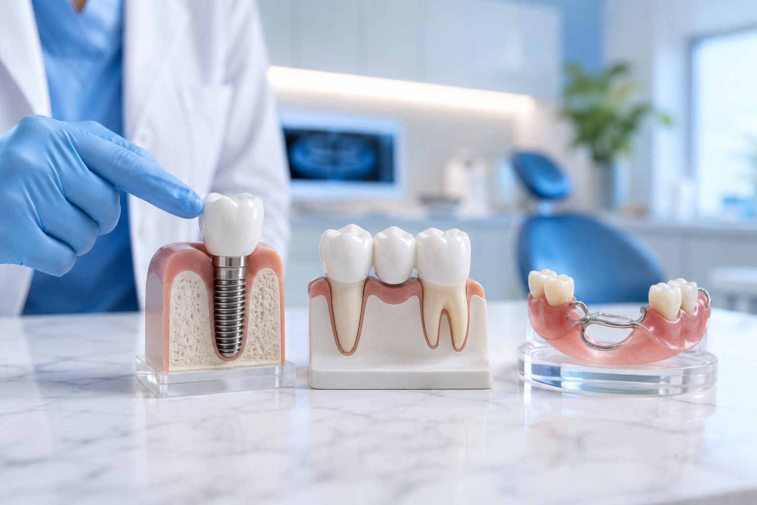  clean dental consultation table with three physical tooth replacement models side by side