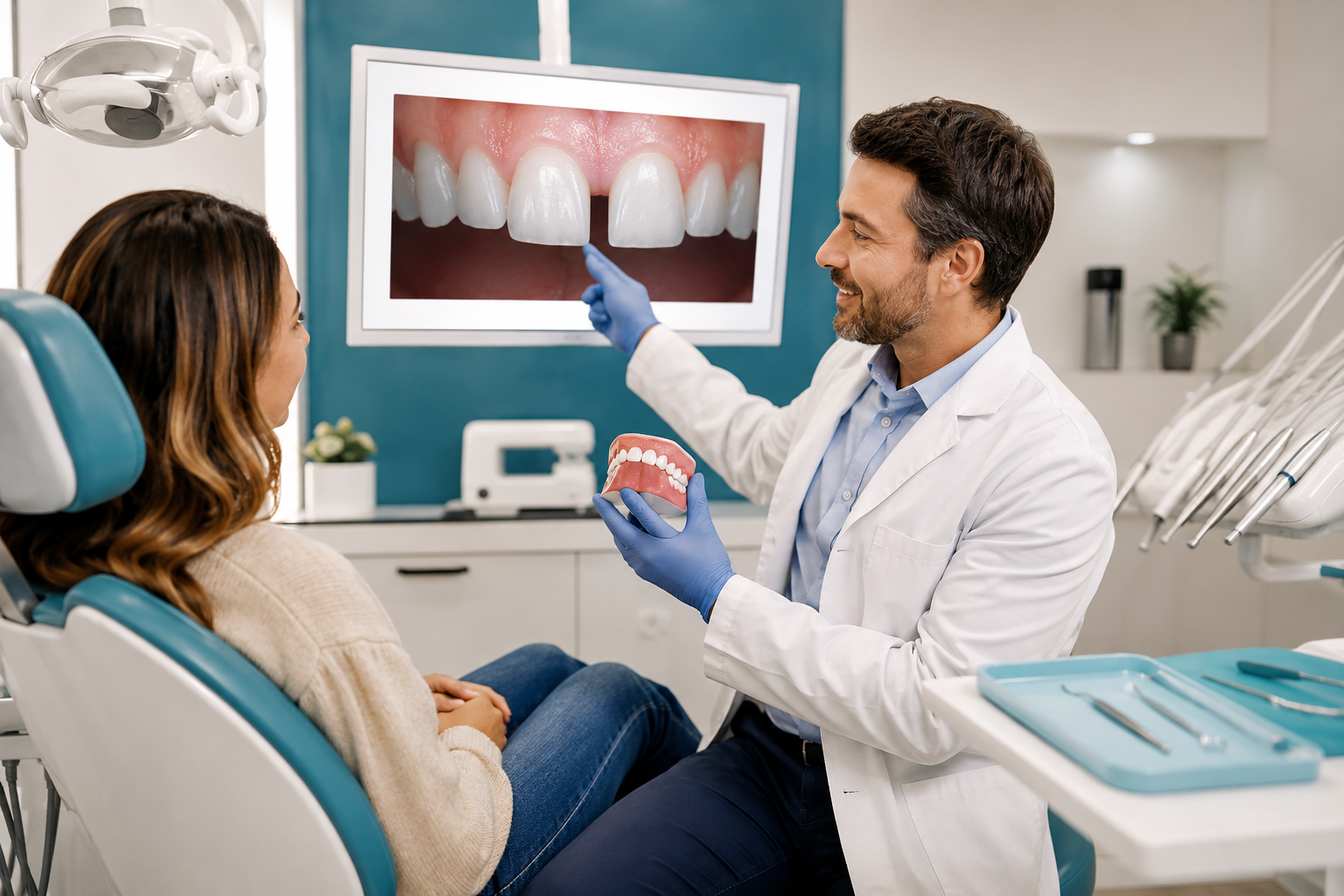 consultation with a dentist pointing to a dental model