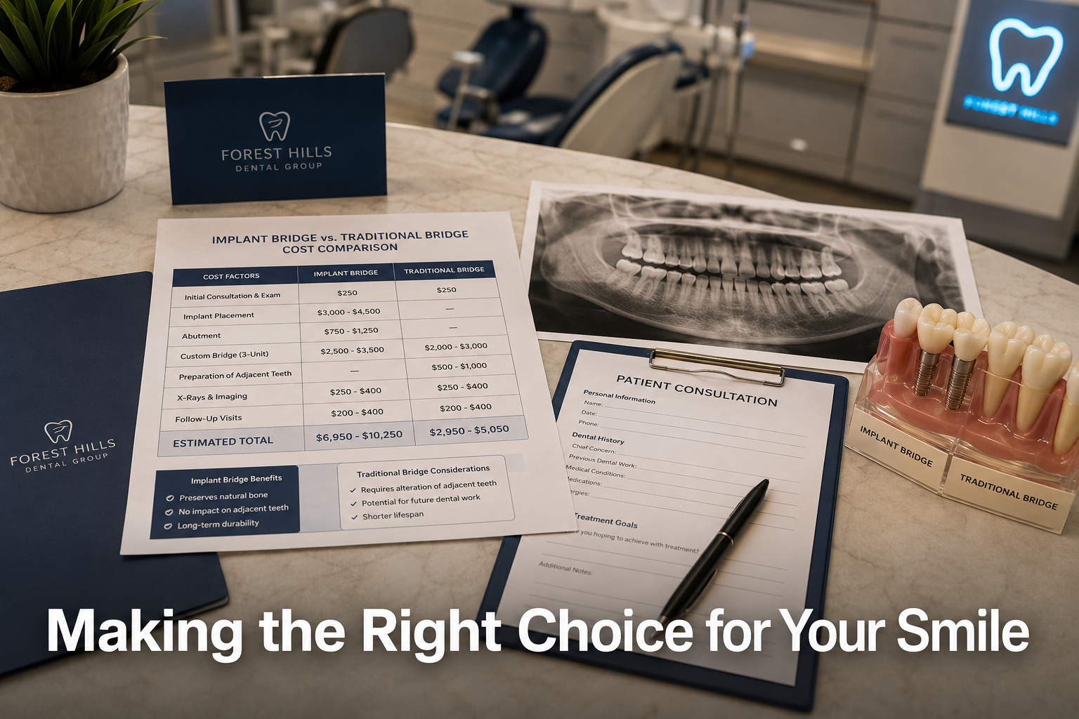 Implant Bridges vs Traditional Bridges: Advantages and Disadvantages Explained 1 papers over a table explaining prices and differences of implant vs traditional bridge