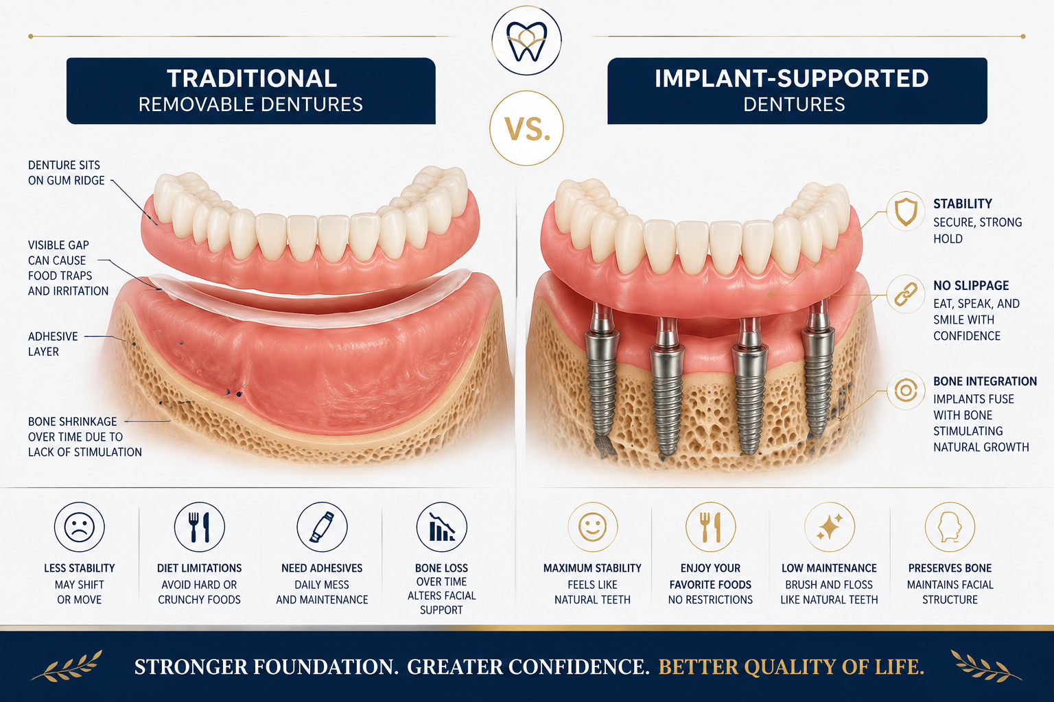 Implant Dentures vs Traditional Dentures About Security: Which Option Truly Stays in Place? 1 Traditional vs Implant supported dentures