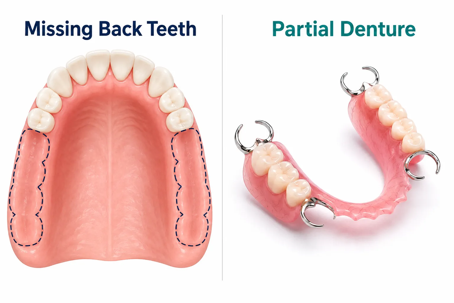 Can You Get Partial Dentures With No Back Teeth? What You Need to Know 2 missing back teeth and partial dentures